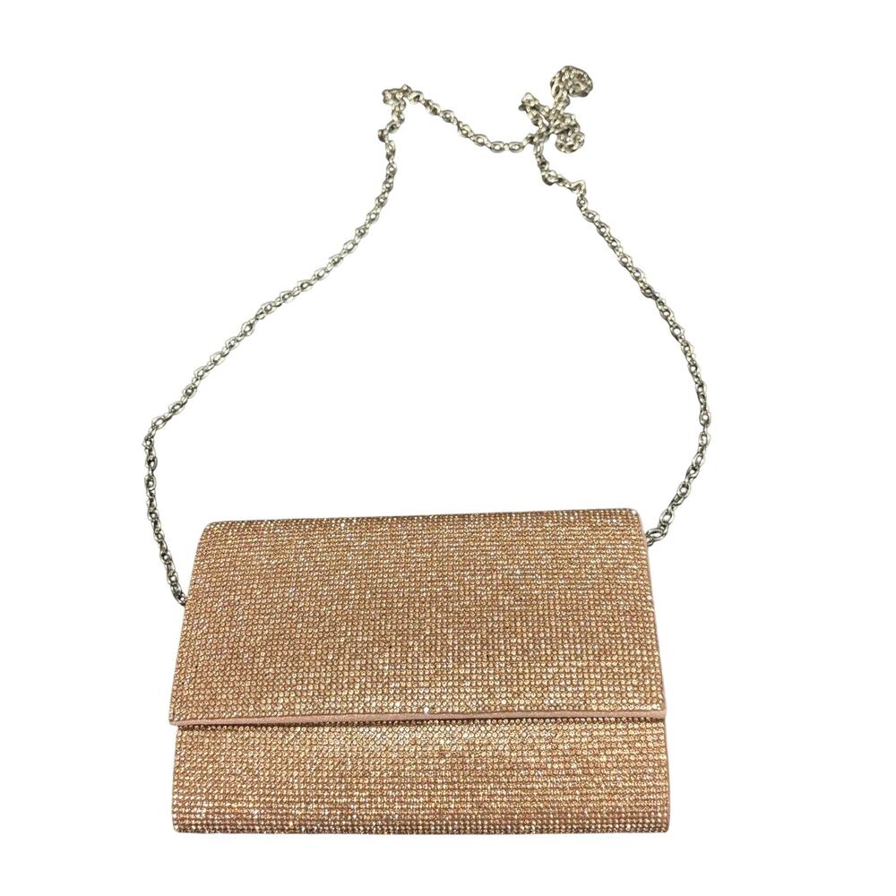 Jessica McClintock Rhinestone Evening Clutch Crossbody Bag Rose Gold Chain Strap